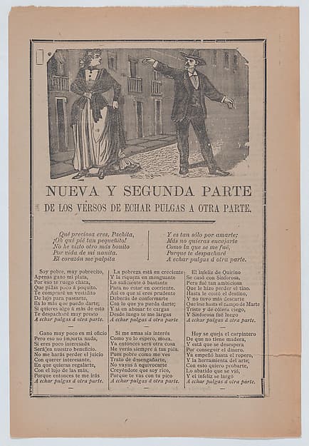 Broadsheet relating to a poor man who is in love with a wealthy woman but cannot provide for her, couple arguing on the street