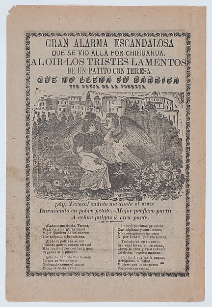 Broadsheet with a ballad addressing poverty, woman sitting in a field of flowers with a duck that has a human's head