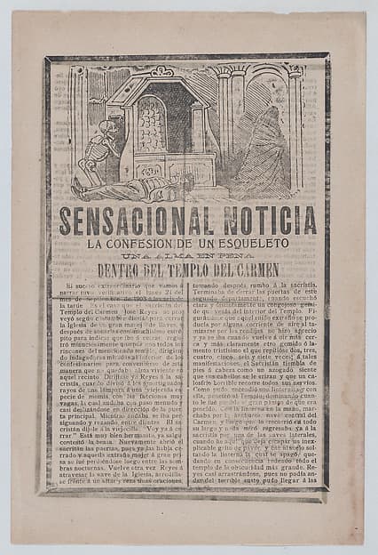News story about the sighting of a skeleton inside a holy temple, a man lying on the floor while a skeleton returns to a chamber and a cloaked figure exits to the right