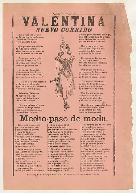 Broadsheet with two narrative love ballads, woman wearing a costume consisting of a leotard,cape, and boots