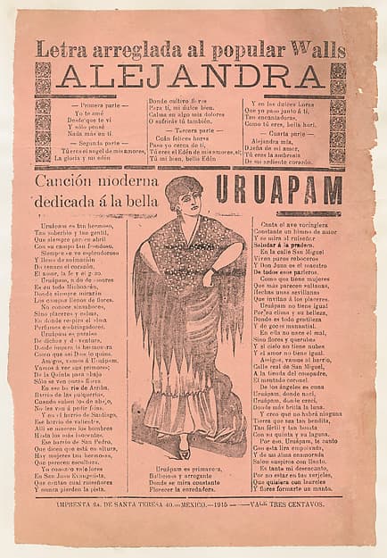 Broadsheet with two narrative love ballads about desirable women, woman wearing a shawl and a skirt with her hands placed on her hips