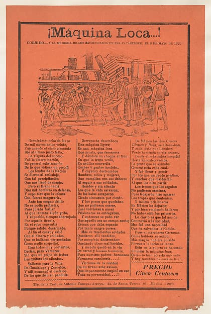 Broadsheet relating to a train accident that killed many people, wounded victims being carried on stretchers
