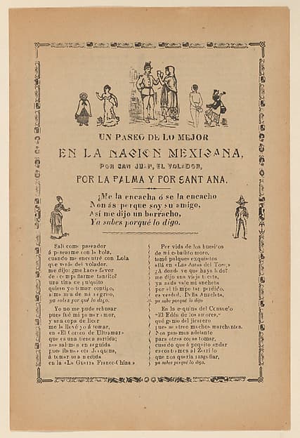 Broadside detailing a religious procession for Saint John and Saint Ana, multiple figures dancing and celebrating