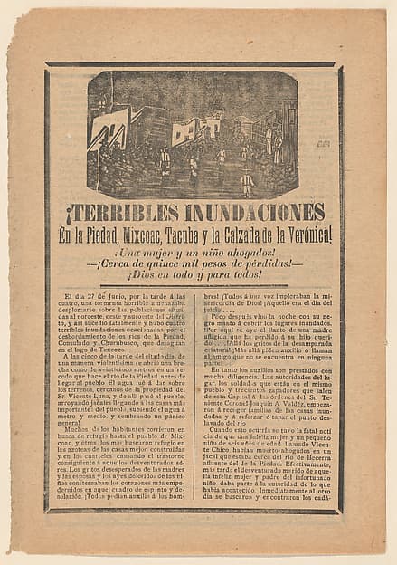 Broadside relating to a news story about floods in multiple cities, villagers wading through water