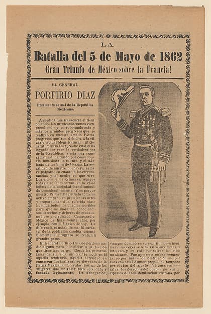 Broadside relating to a news story about the Mexican victory over the French army on May 5, 1862, General Porfirio Diaz in military regalia holding a hat