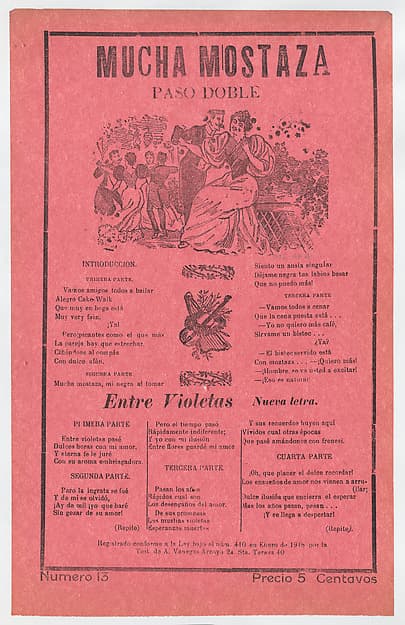 Broadsheet with songs for a two-step dance (paso doble), a man and woman talking while elegantly dressed couples dance in the background