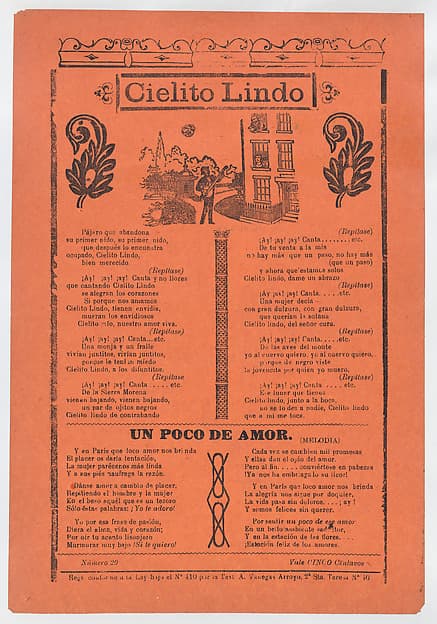 Broadsheet with love songs, man playing an instrument and singing outside of his lover's window