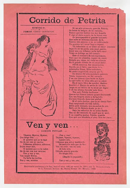 Broadsheet with two different love songs, woman wearing an evening gown sitting on the edge of her seat and another woman holding a cup