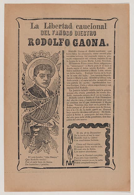Broadsheet relating to the skillful bullfighter Rodolfo Gaona