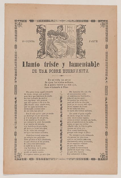 Broadsheet relating to the sad cry of a poor orphan girl, her lament in verse in the bottom section