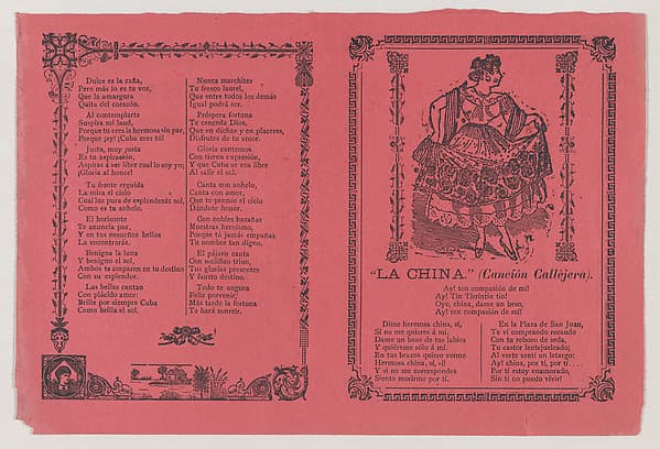 A broadsheet with a popular song 'La China' on the recto, on the verso the dance of 'Cuba Libre'