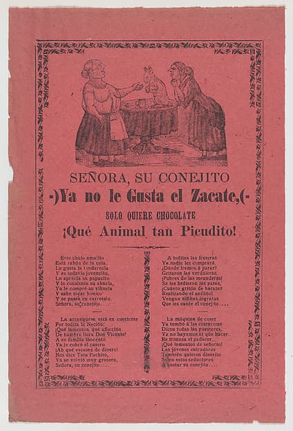 Broadsheet relating to the rabbit that does not like hay but only chocolate, a corrida (ballad) in the bottom section