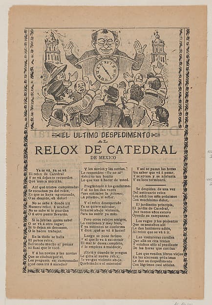 Broadsheet relating to the new clock installed in the cathedral in Mexico City in June 1905