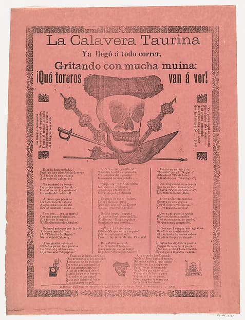 Broadsheet relating to the bullfighting calavera who has arrived at full speed, screaming with much energy