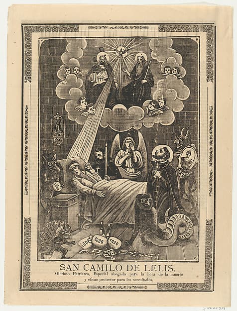 Broadsheet with Saint Camilo de Lelis in bed surrounded by demons, priests and the Holy Trinity above