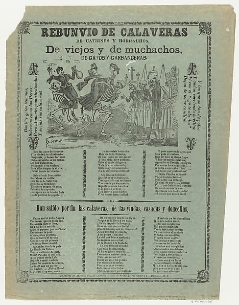Broadsheet relating to the racket caused by the skeletons (catrines and drunkards), a corrida (ballad) in the bottom section