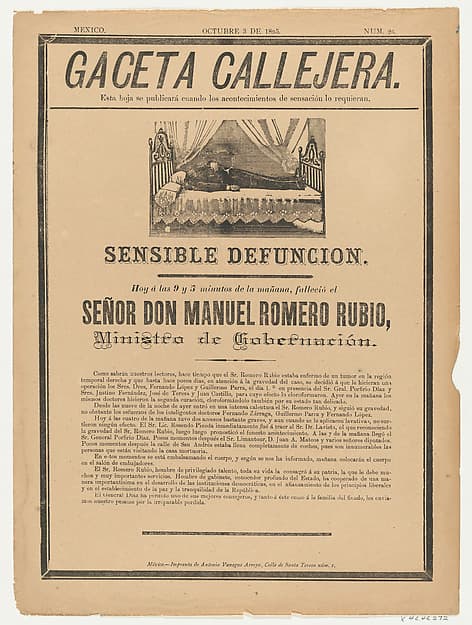Page from the Gaceta Callajera (October 3 1895) relating to the death of the government minister, Don Manuel Romero Rubio