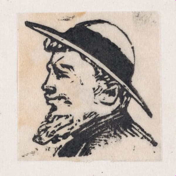 A profile of a man with a beard and a hat