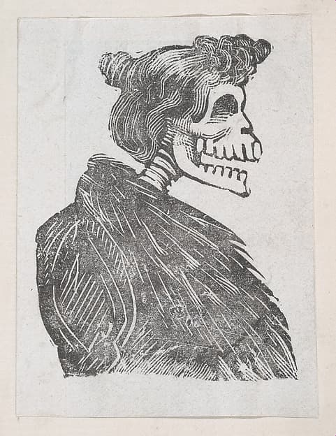 Profile of a female skeleton with a fur vest, from a broaside entitled 'La Calavera de Cupido', published by Antonio Vanegas Arroyo.