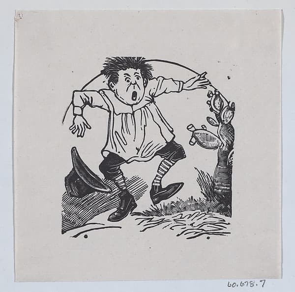 A man jumping up after pricking his finger on a cactus