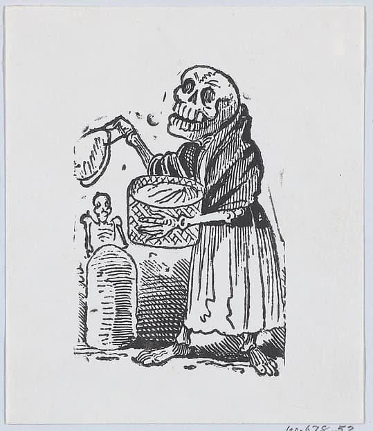 A skeleton selling tortillas from a broadside entitled 'Una Calavera Chusca'