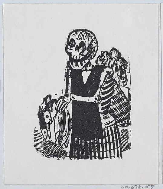 A skeleton selling fish from a broadside entitled 'Una Calavera Chusca'