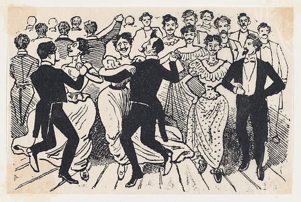 A dance with men in dresses paired with men in suits from a broadside entitled 'Los 41 maricones encontrados en un baile de la Calle de la Paz el 20 de Noviembre de 1901'