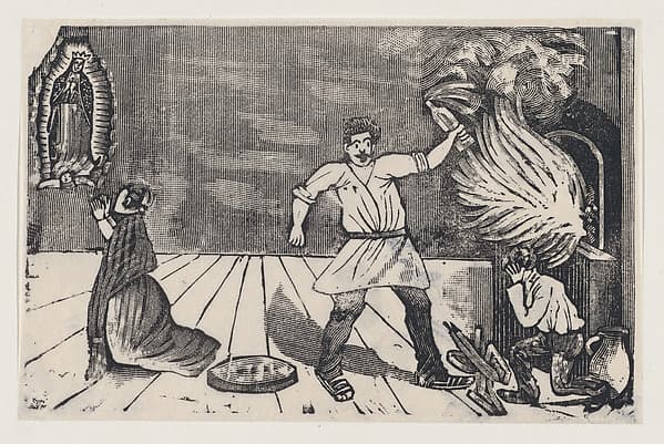 Woman praying to the Virgin of Guadalupe as her husband rages