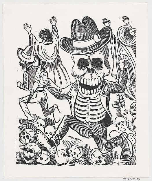 A skeleton holding a knife leaping over a pile of skulls, people flee in the background, from a broadside entitled 'Las bravisimas calaveras Guatemaltecas'