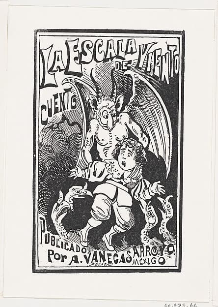 A demon holding a young boy by his shoulders over a group of vultures, illustration for 'La Escala de Viento,' published by Antonio Vanegas Arroyo