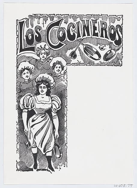 A woman holding a pan and ladle with other women and cooking supplies in the background