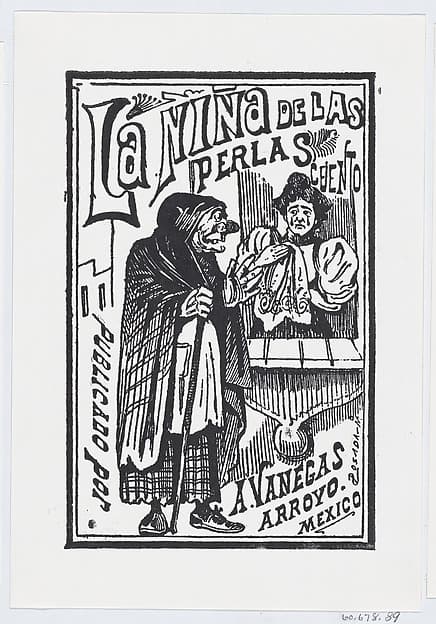 A woman crying with a handkerchief in her hand talking to an old hag, illustration for 'La Niña de las Perlas, published by Antonio Vanegas Arroyo