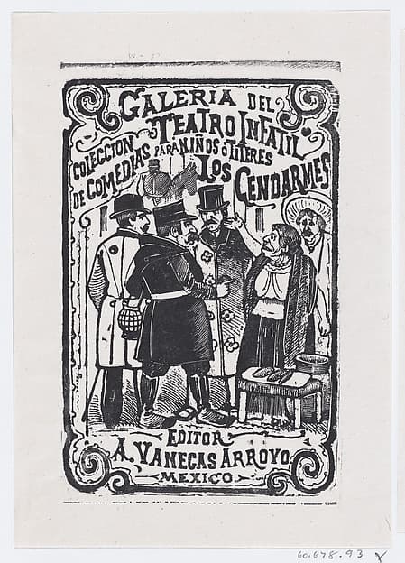 An old female vendor talking to a group of gentlemen, illustration for 'Los Cendarmes,' edited by Antonio Vanegas Arroyo