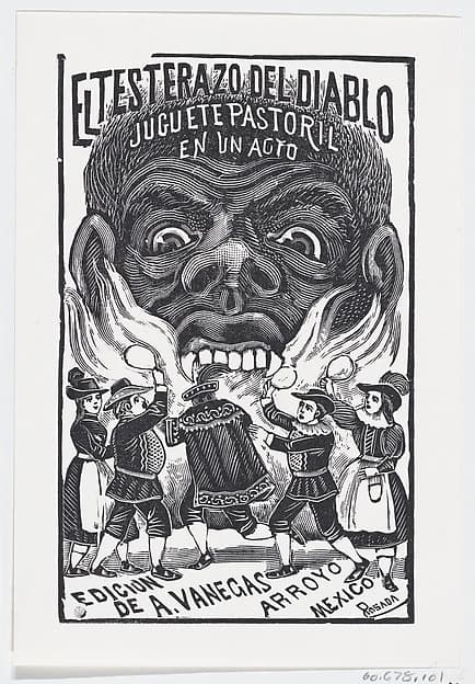 A demon breathing fire and people running around in the foreground, illustration for 'El Testerazo del Diablo,' published by Antonio Vanegas Arroyo