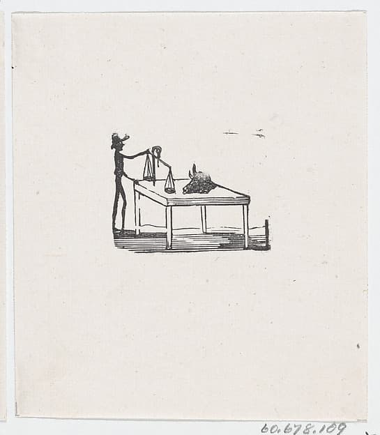 A man standing at a table with a balance beam and a cow's skull