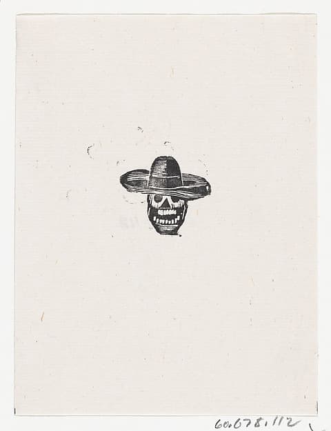 A skull wearing a wide brimmed hat