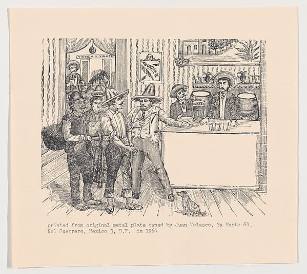 Men in a tavern standing around a bar