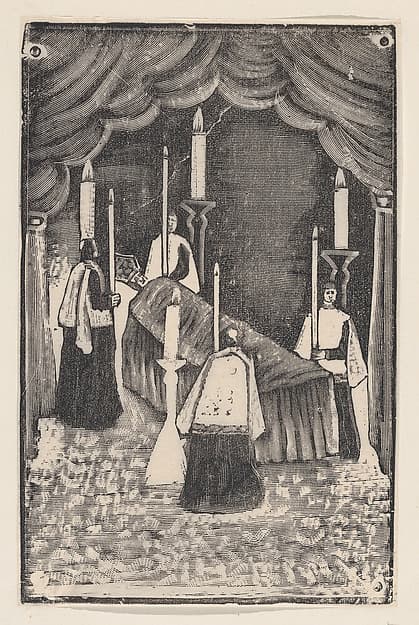 A group of holy men holding candles around a bier with a prelate
