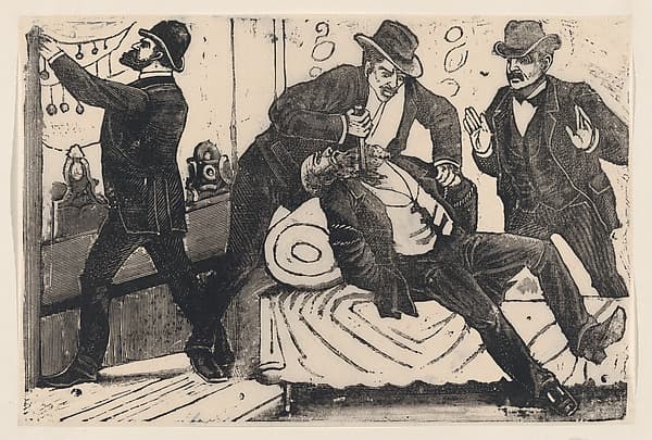 A man stabbing another man in the chest while his associates loot a store, from a broadside entitled 'The theft at La Profesa'