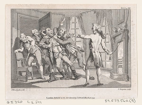 Lord Oxmington Repelling Lismahago's Challenge to Single Combat, an illustration from Tobias Smollett's "The Expedition of Humphry Clinker" (London, 1793), Vol. 1