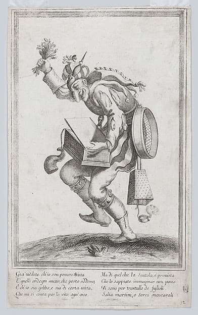 A caricature figure representing a poor itinerant artist loaded with various implements relating to his trade