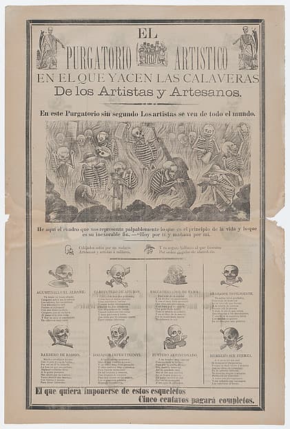 Broadsheet, on recto artist and artisans in hell with objects relating to their profession entitled 'The artistic purgatory, where the calaveras of artists and craftsmen lie', on verso skulls relating to different professions