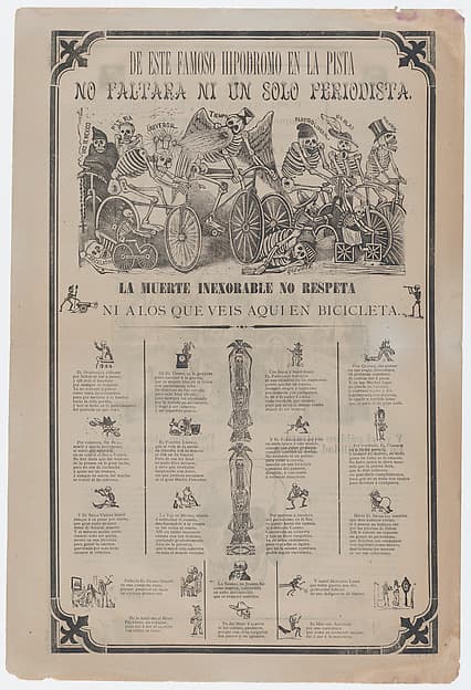 Broadsheet, on recto skeletons riding bicycles entitled 'From this famous hippodrome on the racetrack, not even a single journalist is missing. Death is inexorable and doesn't even respect those that you see here on bicycles'; on verso skeletons buying and selling printed images etc