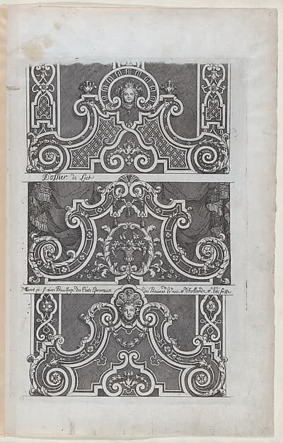Three Designs for Embroidered Headboards, from Nouveaux Liure da Partements, part of Œuvres du Sr. D. Marot