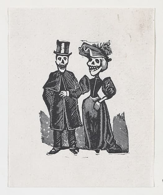 Two elegantly dressed skeletons walking, from a broadside entitled, 'El Gran Panteon Amoroso,' published by Antonio Vanegas Arroyo.
