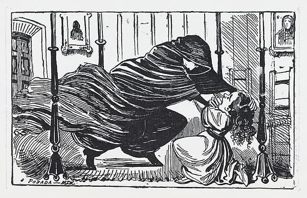 A figure in a cloak strangling a young girl