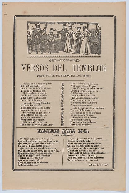 Broadsheet with songs relating to the earthquake that occurred on March 26, 1908