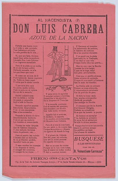 Broadsheet with verse relating to Don Luis Cabrera ('scourge of the nation') who is shown standing in the center wearing a top hat