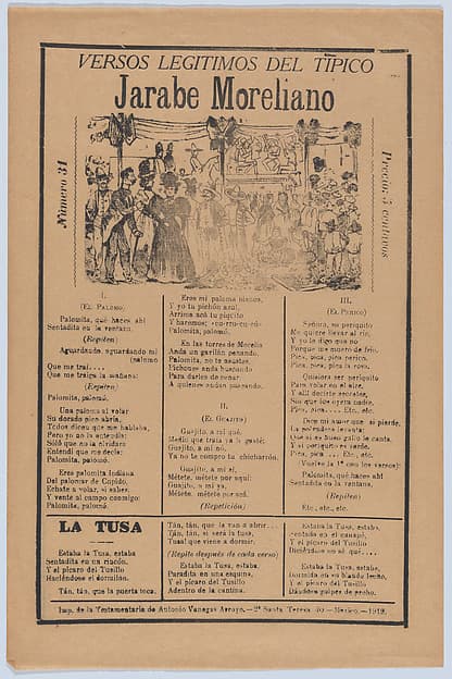 Broadsheet with songs for a Mexican courtship dance called the 'Jarabe Moreliano', a crowd of people and muscians