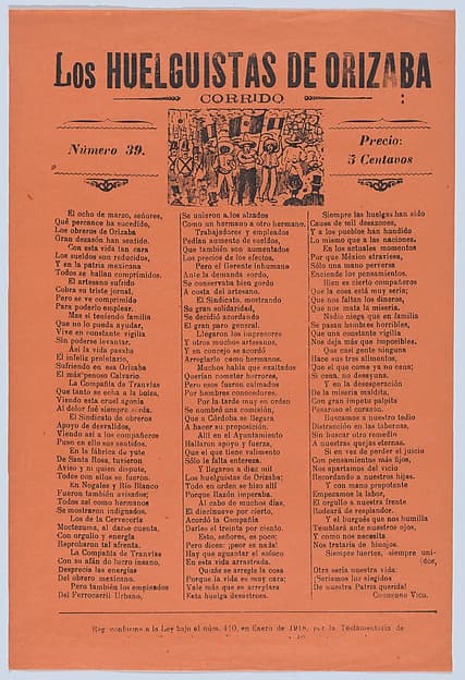Broadsheet relating to a worker's strike in Orizaba, workers holding up the Mexican flag, flanked by soldiers